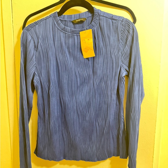 Blue Ribbed Mesh Blouse - Picture 3 of 4